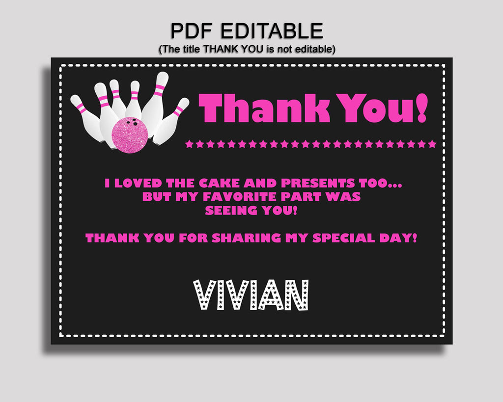 Bowling Thank You Cards, Bowling Birthday Thank You, Pink Black Editable Thank You Cards Girl, WYP5V