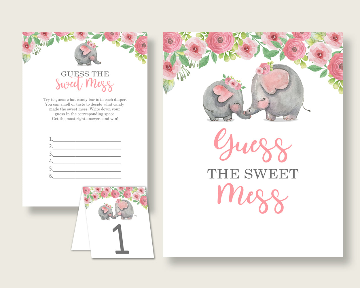 Pink Elephant Guessing Game Baby Shower Girl, Pink Grey Guess The Sweet Mess Game Printable, Dirty Diaper Game, Instant Download, ep001