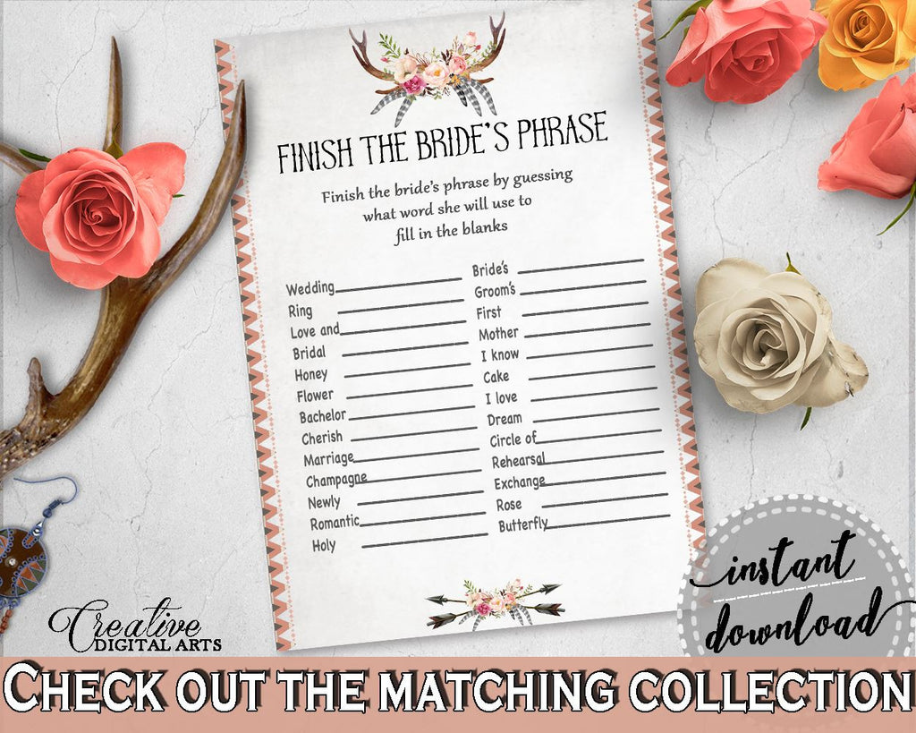 Antlers Flowers Bohemian Bridal Shower Finish The Bride's Phrase Game in Gray and Pink, prize games, flowers bouquet, party ideas - MVR4R - Digital Product