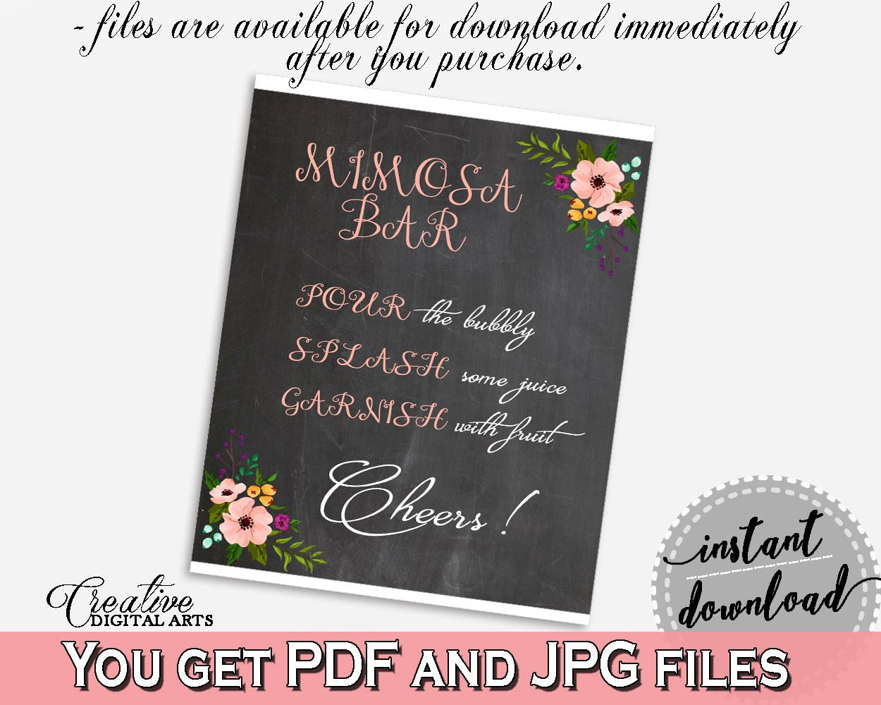 Chalkboard Flowers Bridal Shower Mimosa Bar Sign in Black And Pink, brunch and bubbly, chalkboard theme, party organizing, prints - RBZRX - Digital Product