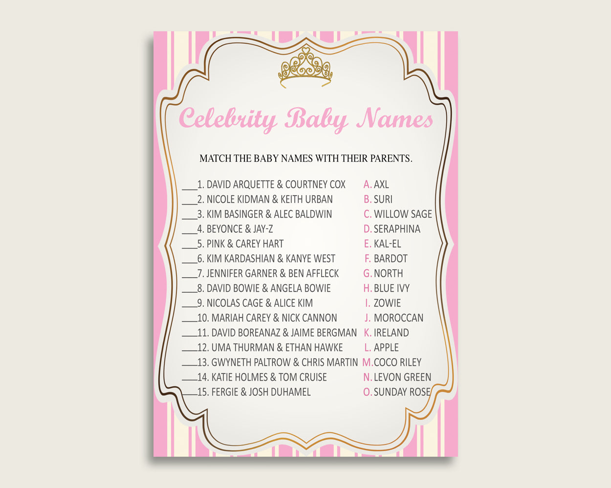 Pink Gold Celebrity Baby Names, Royal Princess Baby Shower Girl Name Game Printable, Celebrity Match Game, Famous Babies Game rp002
