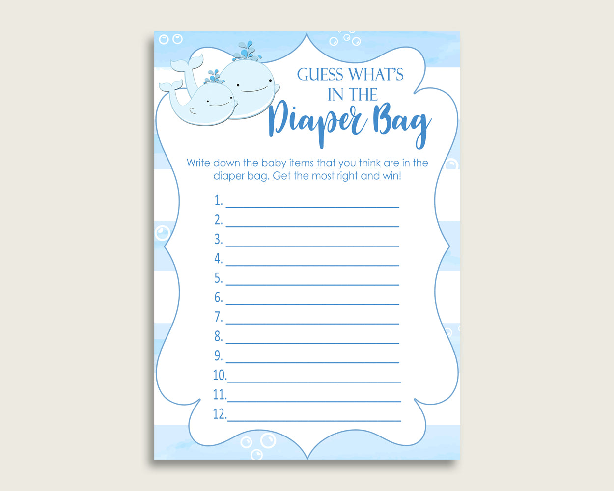 Whale Guess What's In The Diaper Bag Game, Boy Baby Shower Blue White Diaper Game Printable, Instant Download, Light Blue, wbl01