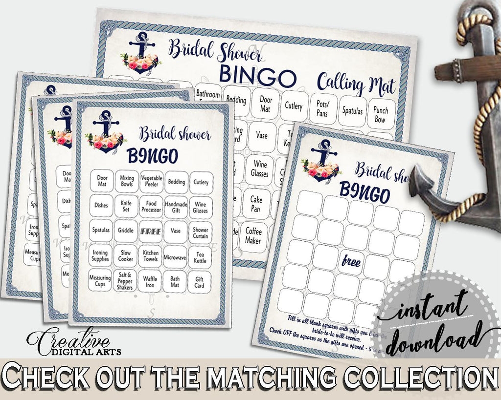 Navy Blue Nautical Anchor Flowers Bridal Shower Theme: Bingo 60 Cards - playtime, relationship, customizable files, printable files - 87BSZ - Digital Product