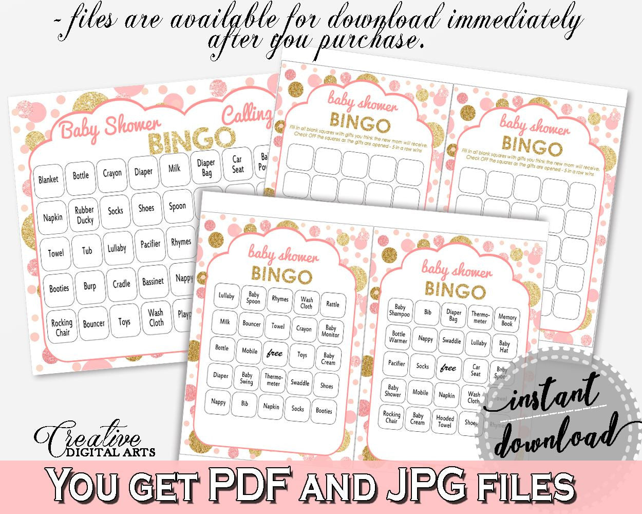 Pink Gold Bingo 60 Cards, Baby Shower Bingo 60 Cards, Dots Baby Shower Bingo 60 Cards, Baby Shower Dots Bingo 60 Cards - RUK83 - Digital Product