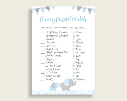 Elephant Disney Parent Match Game, Boy Baby Shower Game, Blue Grey Match The Disney Parents Printable, Instant Download, Most Popular, ebl02