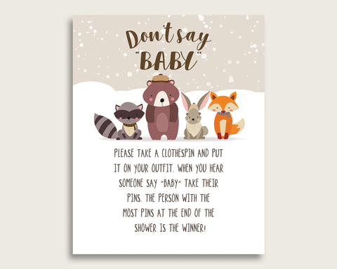 Beige Brown Don't Say Baby Printable Game, Gender Neutral Baby Shower Winter Woodland Game Sign, Instant Download, 8x10, Animals Snow RM4SN