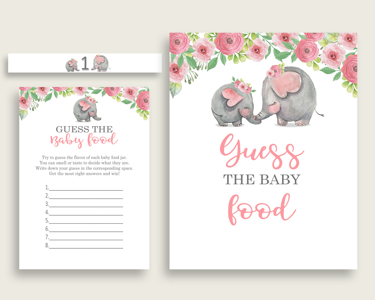 Pink Grey Pink Elephant Guess The Baby Food Game Printable, Girl Baby Shower Food Guessing Game Activity, Instant Download, ep001