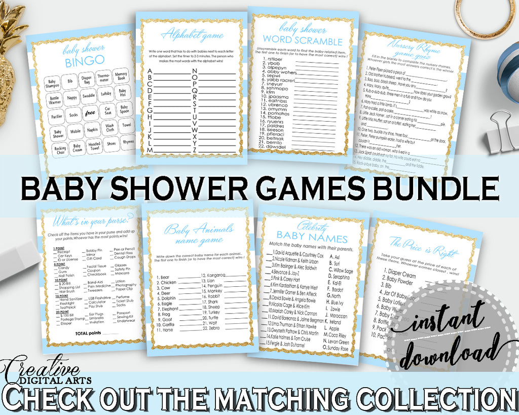 Baby Shower printable games package bundle, glitter gold title with blue and white stripes, 8 games pack pdf jpg - Instant Download - bs002