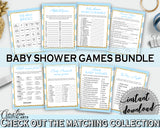 Baby Shower printable games package bundle, glitter gold title with blue and white stripes, 8 games pack pdf jpg - Instant Download - bs002