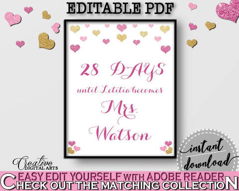 Gold And Pink Glitter Hearts Bridal Shower Theme: Days Until Becomes - countdown to mrs,  valentine shower, customizable files - WEE0X - Digital Product