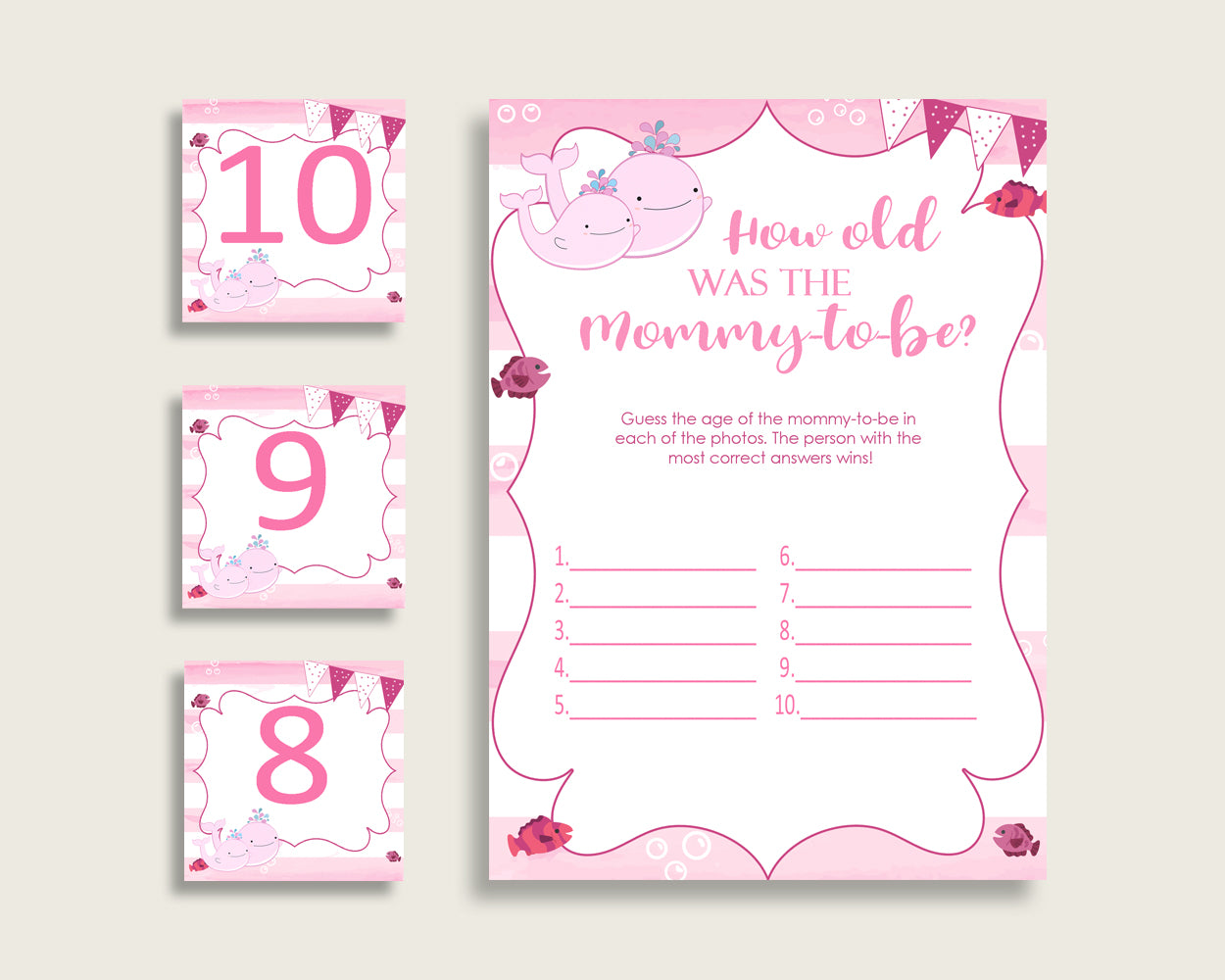 Pink White How Old Was The Mommy To Be, Girl Baby Shower Game Printable, Pink Whale Guess Mommy's Age Game, Instant Download, Popular wbl02