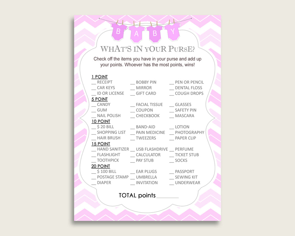 Chevron What's In Your Purse Game Printable, Pink White Whats In Your Purse, Girl Baby Shower Purse Game, Instant Download, Light Pink cp001