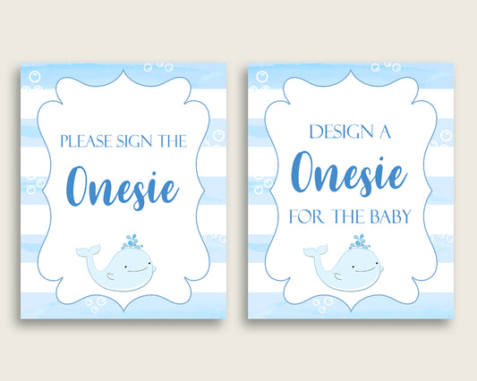 Blue White Please Sign The Onesie Sign and Design A Onesie Sign Printables, Whale Boy Baby Shower Decor, Instant Download, Light Blue wbl01