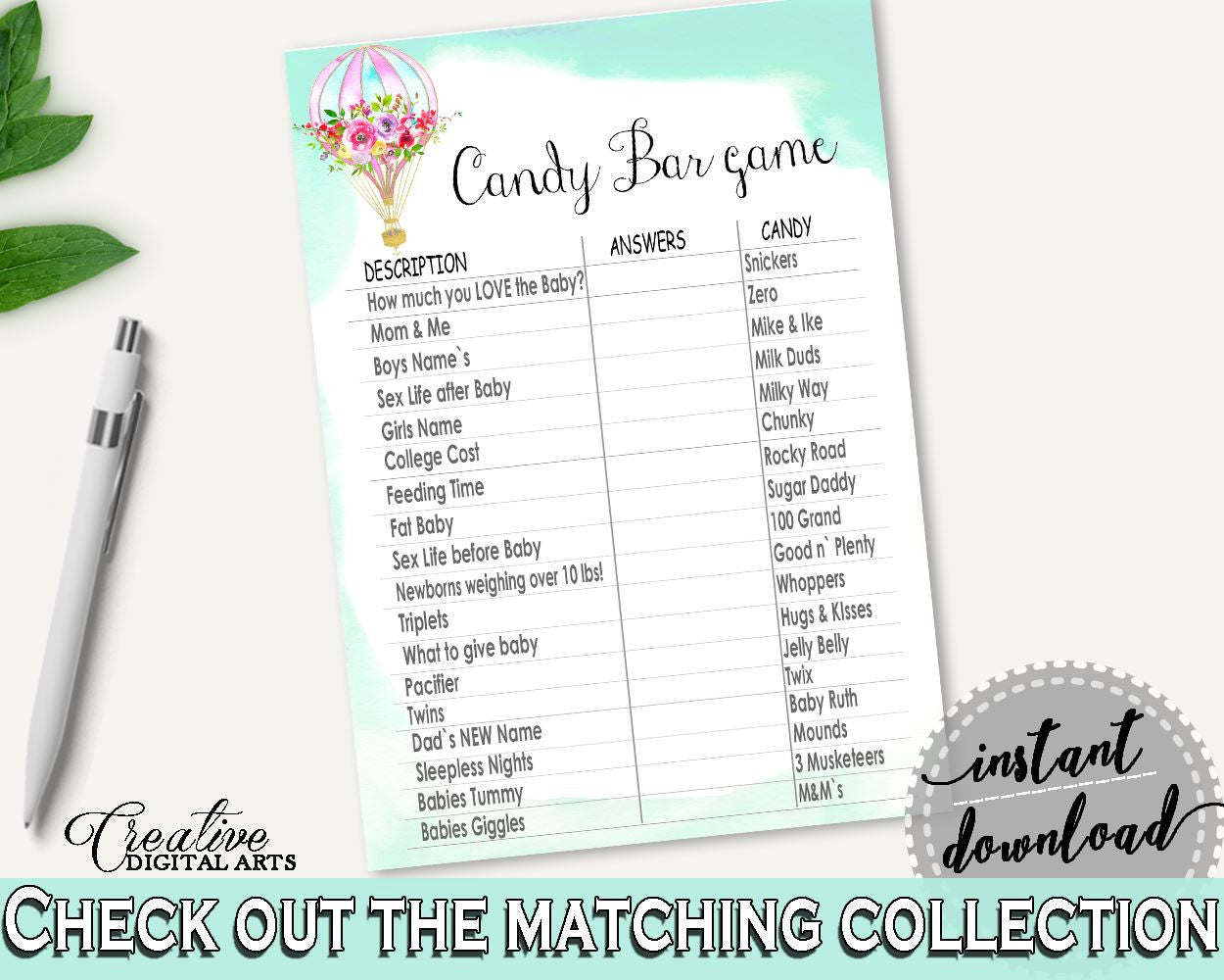 Candy Bar Game Baby Shower Candy Bar Game Hot Air Balloon Baby Shower Candy Bar Game Baby Shower Hot Air Balloon Candy Bar Game Green CSXIS - Digital Product