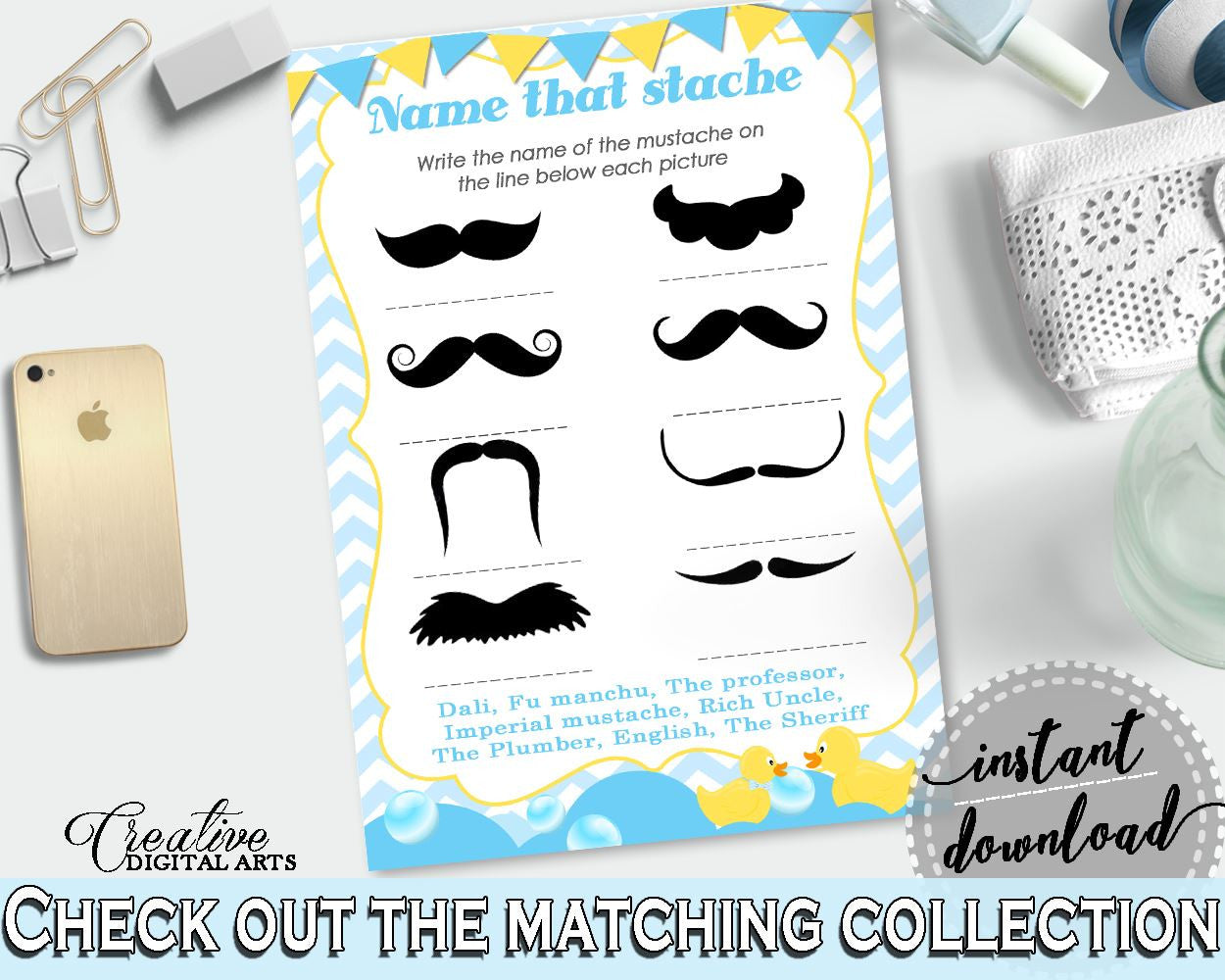 Name That Stache, Rubber Duck Blue Baby Shower Boy Theme in Blue And Mint, answers, rubber duckie, party décor, party ideas, prints - rd002 - Digital Product