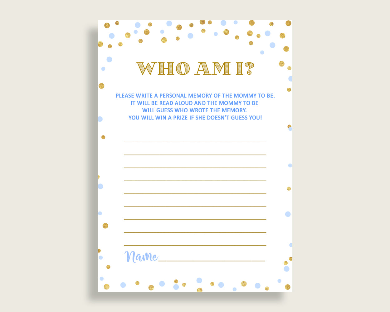 Who Am I Baby Shower Who Am I Confetti Baby Shower Who Am I Blue Gold Baby Shower Confetti Who Am I printable prints party décor cb001