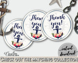 Thank You Tag in Nautical Anchor Flowers Bridal Shower Navy Blue Theme, round favors, maritime shower, party décor, party ideas - 87BSZ - Digital Product