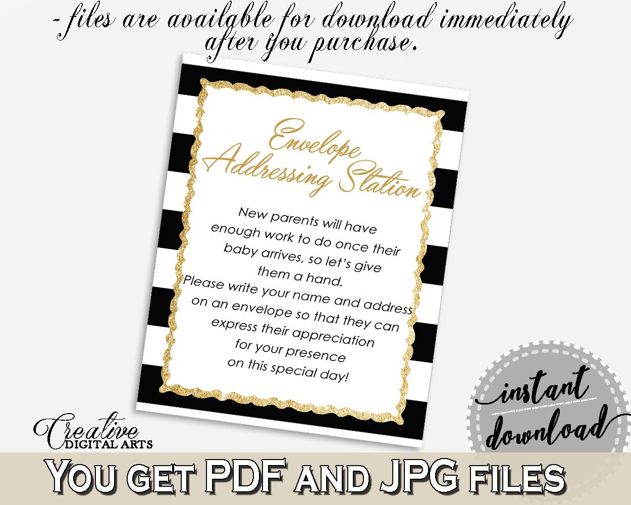 ENVELOPE ADDRESSING STATION baby shower sign with gold glitter title and black white stripes for girl boy shower, instant download - bs001