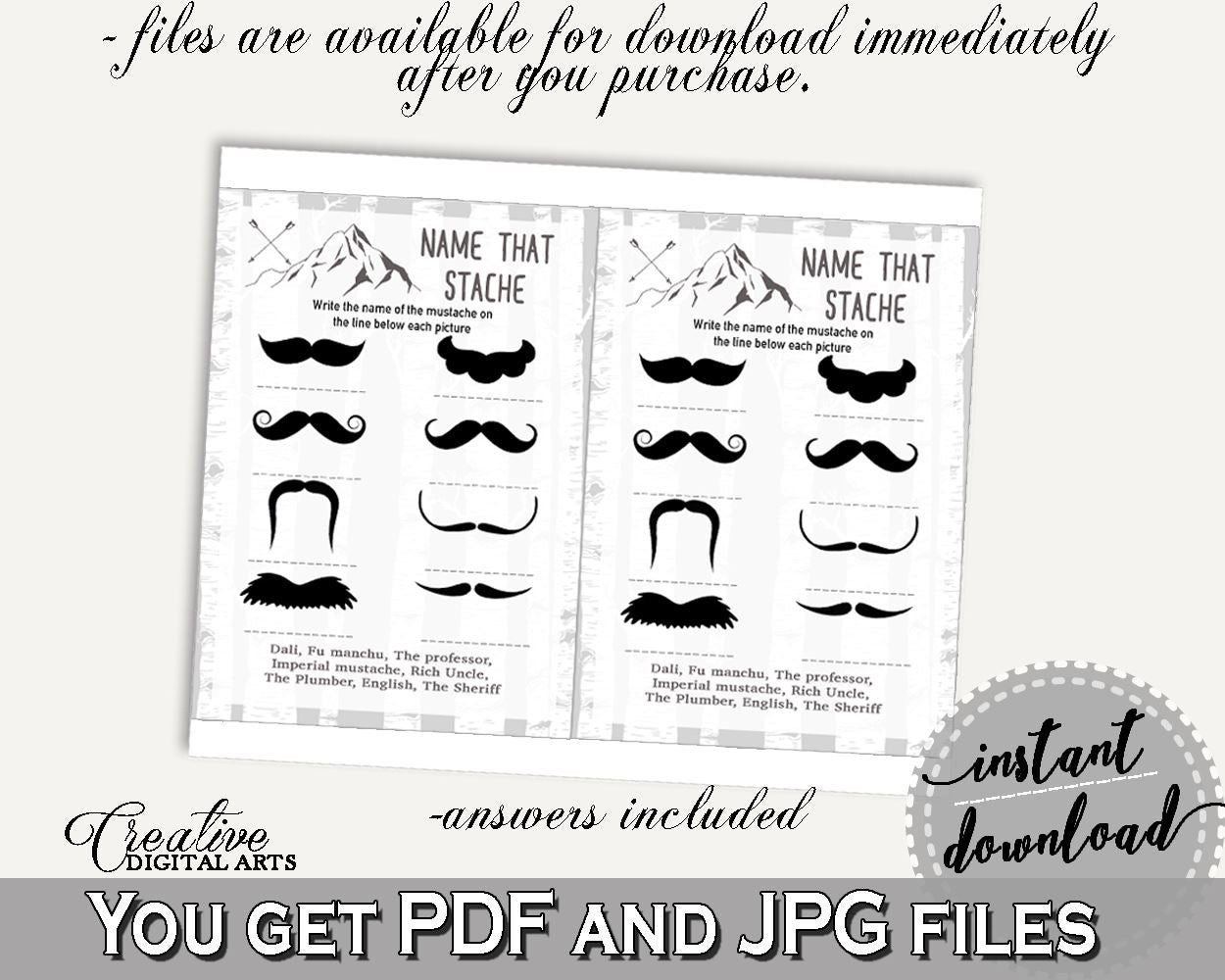 Name That Stache Baby Shower Name That Stache Adventure Mountain Baby Shower Name That Stache Gray White Baby Shower Adventure S67CJ - Digital Product