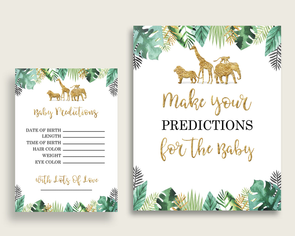Jungle Baby Shower Prediction Cards & Sign Printable, Gold Green Baby Prediction Game Gender Neutral, Instant Download, Gold Animals EJRED
