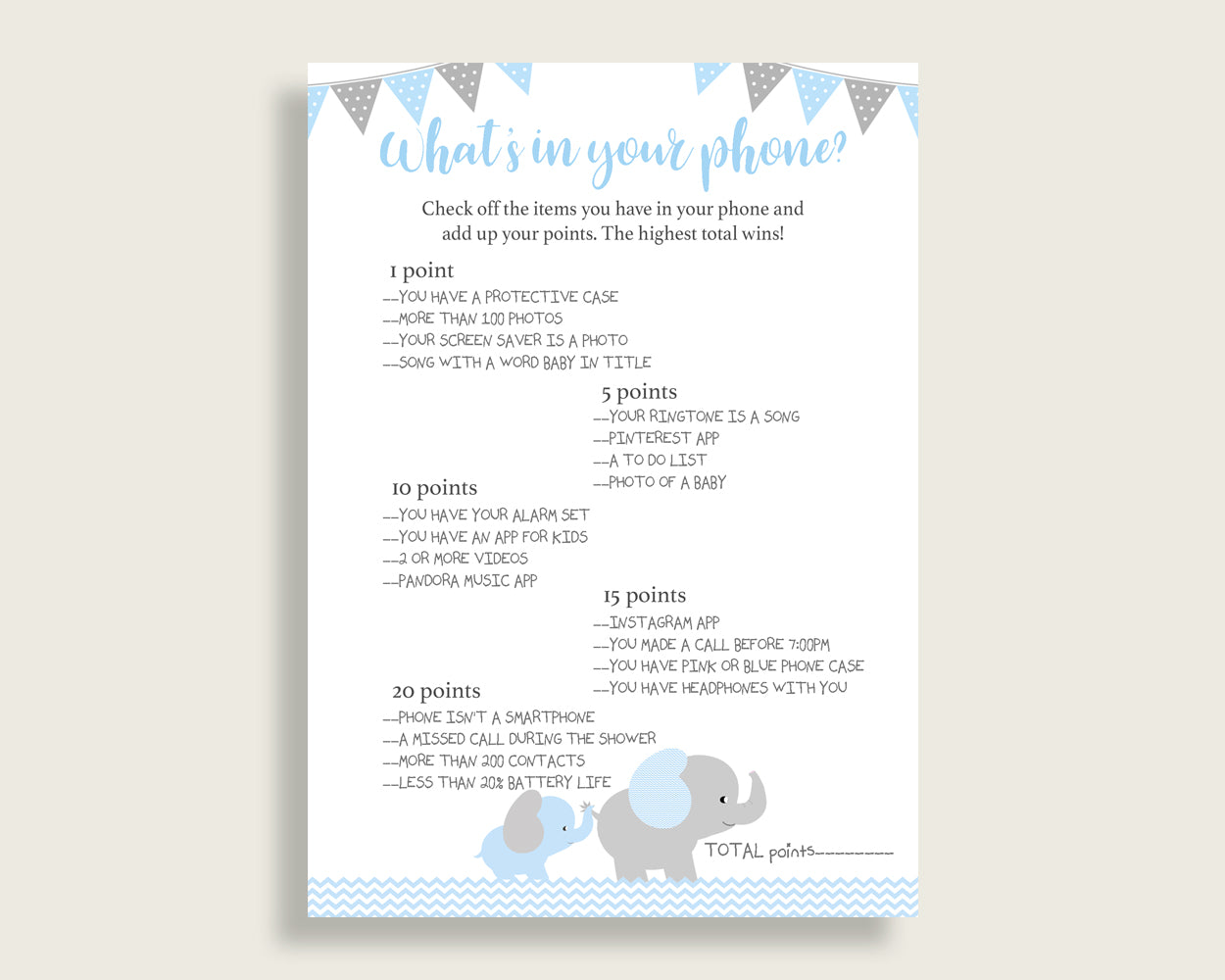 Blue Grey What's In Your Phone Game, Elephant Baby Shower Boy, What's In Your Cell Phone Printable, Instant Download, Chevron Theme ebl02