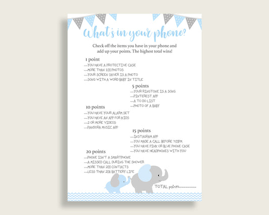 Blue Grey What's In Your Phone Game, Elephant Baby Shower Boy, What's In Your Cell Phone Printable, Instant Download, Chevron Theme ebl02