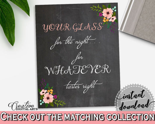 Your Glass For The Night Sign in Chalkboard Flowers Bridal Shower Black And Pink Theme, wedding sign, digital download, pdf jpg - RBZRX - Digital Product