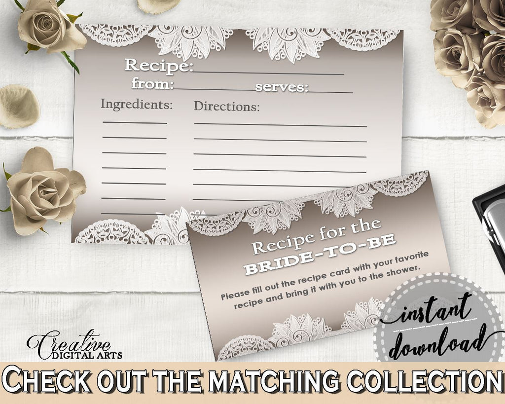 Recipe For The Bride To Be in Traditional Lace Bridal Shower Brown And Silver Theme, bridal recipe cards, shower celebration - Z2DRE - Digital Product