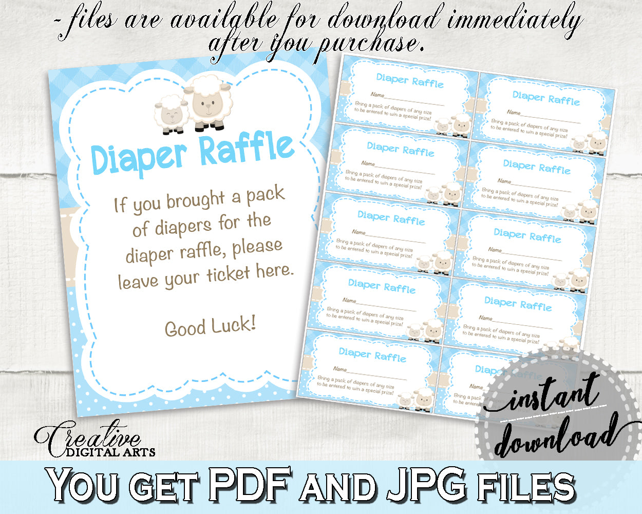 Little Lamb Baby Shower Boy DIAPER RAFFLE insert ticket printable, sheep shower theme blue, Digital File Jpg Pdf, instant download - fa001