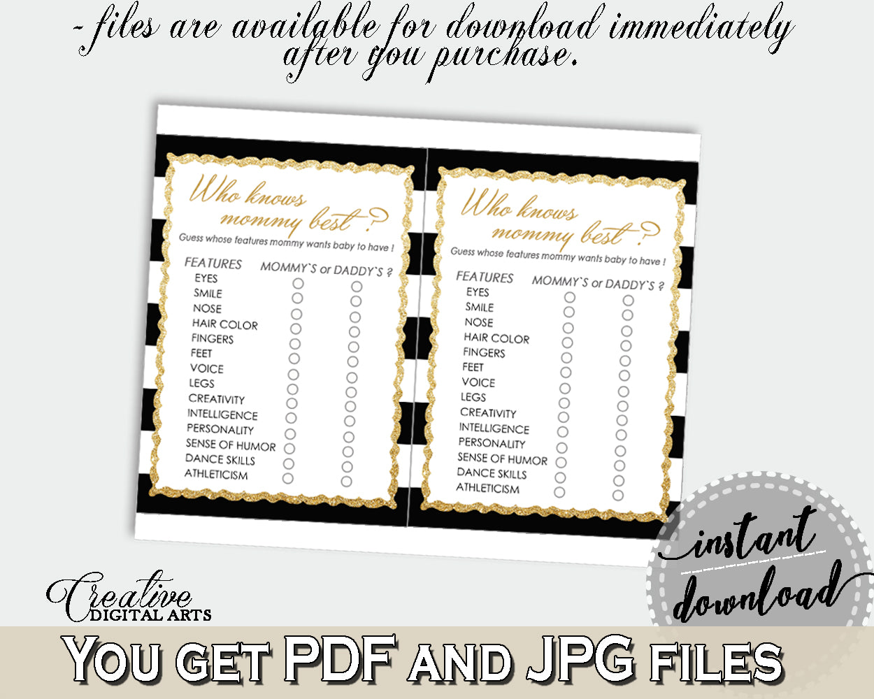 Who KNOWS MOMMY BEST baby shower game with black stripes color theme printable, gold glitter, instant download - bs001