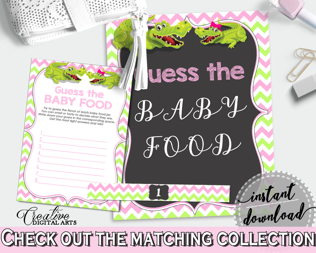 GUESS THE BABY FOOD game for baby shower with green alligator and pink color theme, instant download - ap001