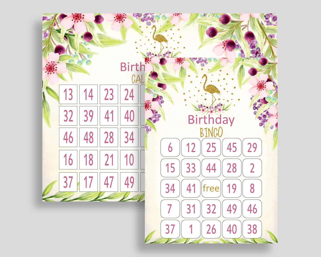 Flamingo Bingo Game Cards, Glitter Birthday Game, Printable Gold Green Bingo Prefilled, Numbered Bingo 60 Cards, Bingo Girl, P3SIV