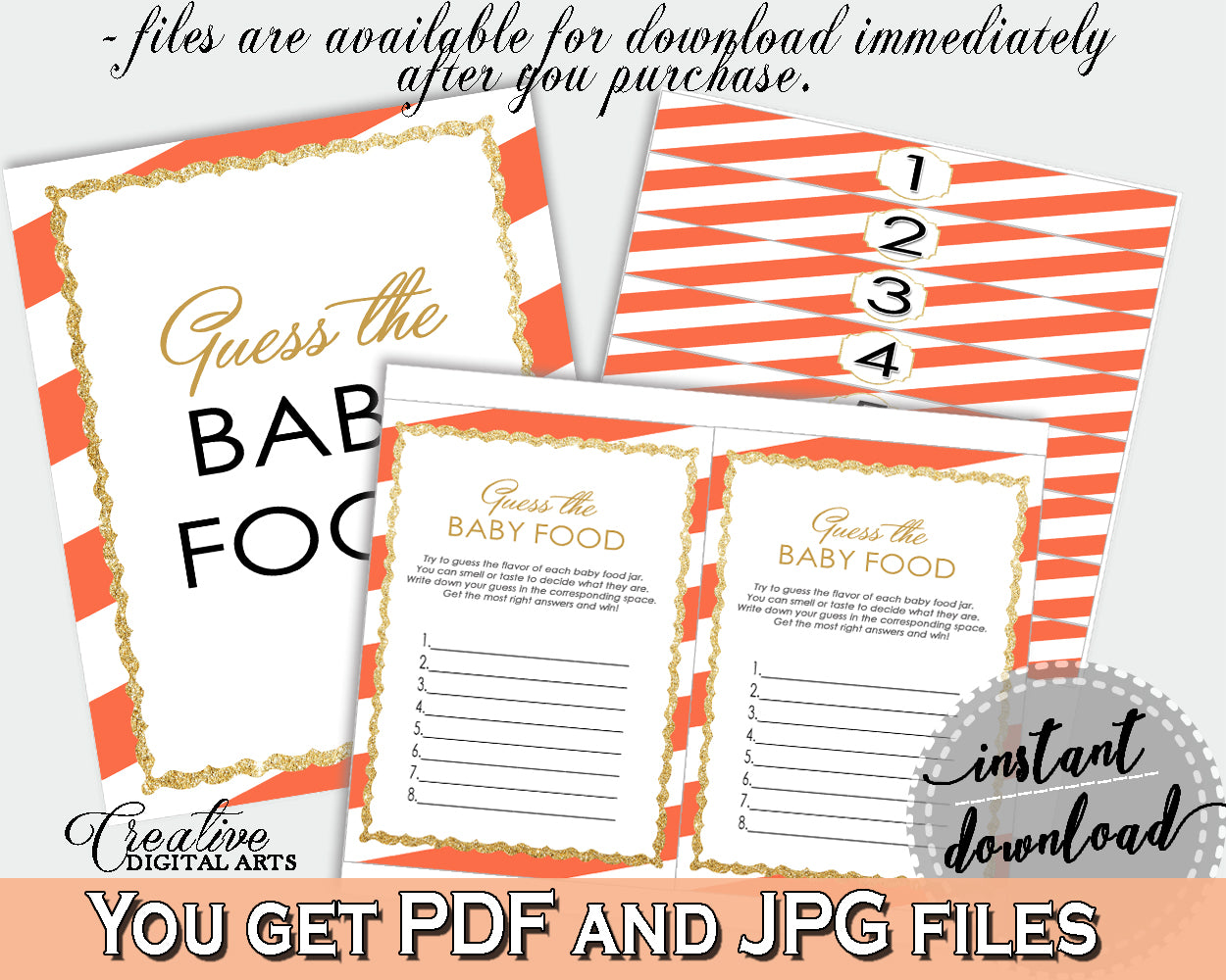 GUESS The BABY FOOD game for baby shower with orange striped theme printable glitter, digital, Jpg Pdf, instant download - bs003