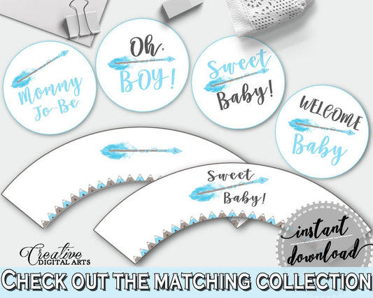 Cupcake Toppers And Wrappers Baby Shower Cupcake Toppers And Wrappers Aztec Baby Shower Cupcake Toppers And Wrappers Blue White Baby QAQ18 - Digital Product