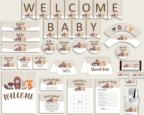 Beige Brown Baby Shower Decorations Gender Neutral Kit, Winter Woodland Baby Shower Party Package Printable, Instant Download, RM4SN