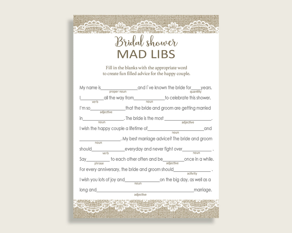 Mad Libs Bridal Shower Mad Libs Burlap And Lace Bridal Shower Mad Libs Bridal Shower Burlap And Lace Mad Libs Brown White party plan NR0BX