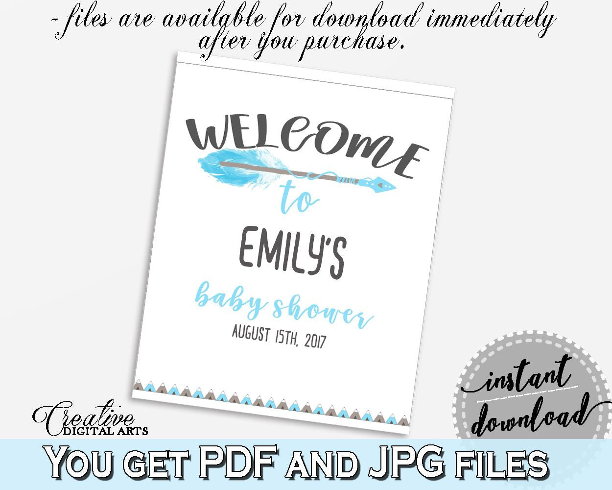 Welcome Sign Baby Shower Welcome Sign Aztec Baby Shower Welcome Sign Blue White Baby Shower Aztec Welcome Sign - QAQ18 - Digital Product