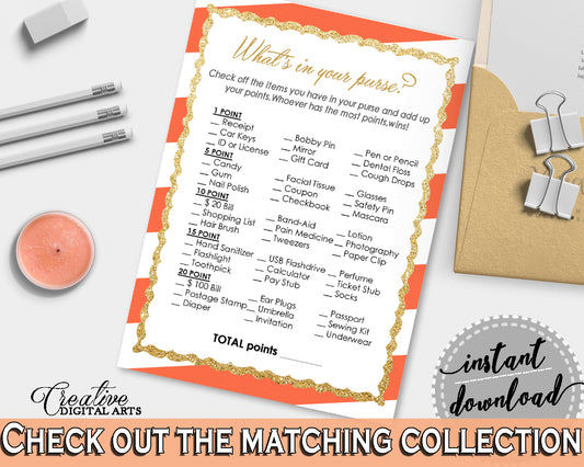 WHAT'S In YOUR PURSE baby shower game with glitter gold and orange strips theme printable, digital Jpg Pdf, instant download - bs003