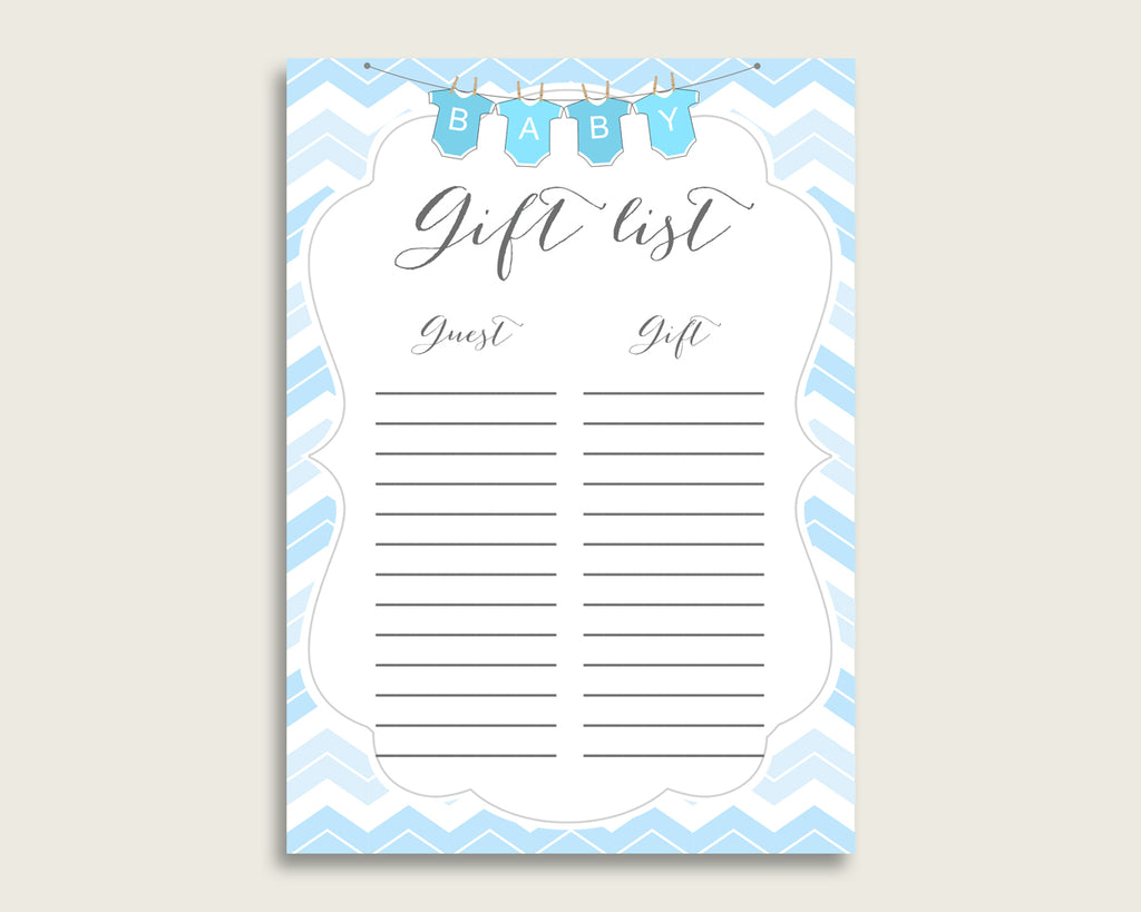 Chevron Baby Shower Gift List, Blue White Gift List Printable, Boy Baby Shower Gift Checklist Sheet, Instant Download, Light Blue cbl01