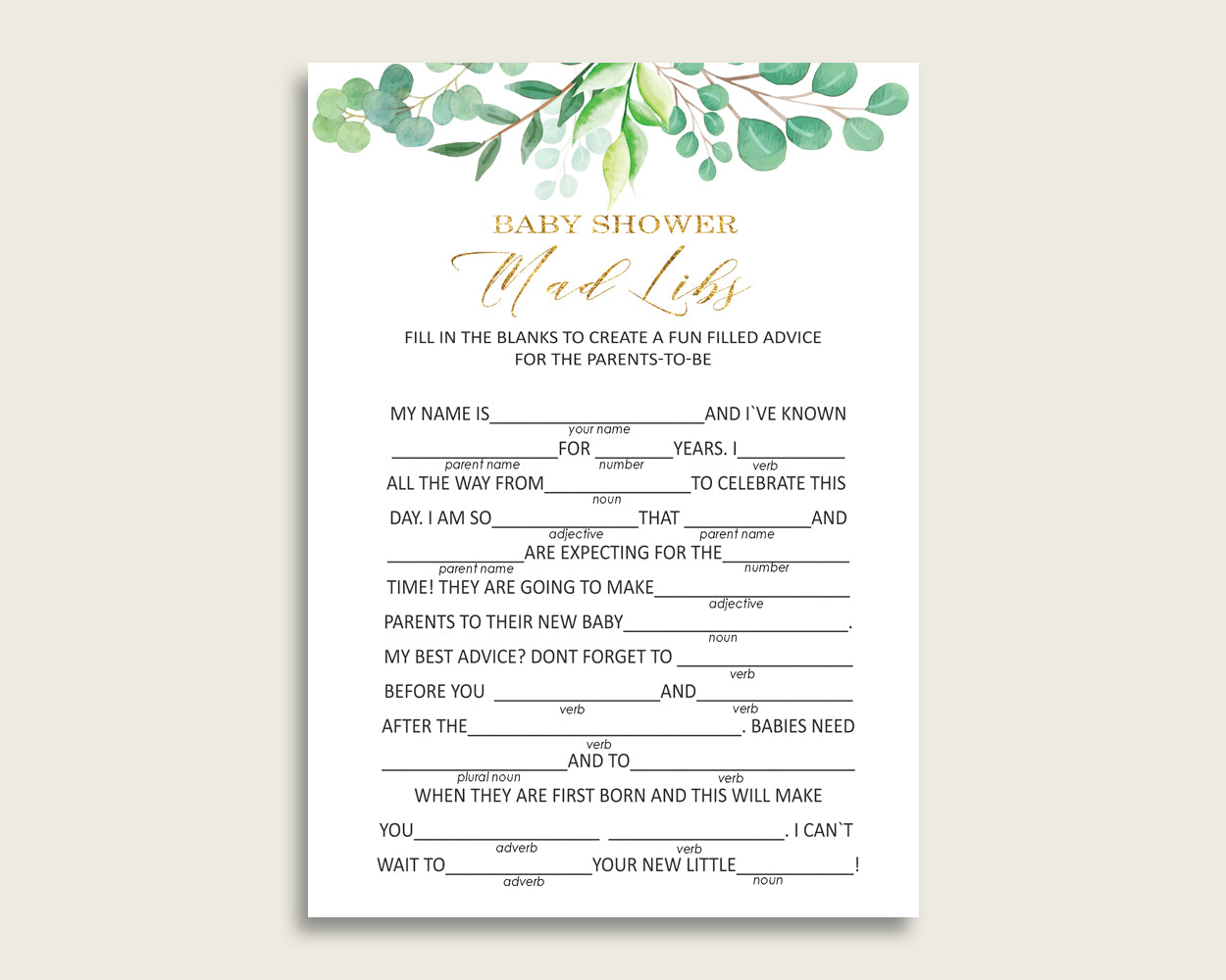 Green Gold Mad Libs Baby Shower Gender Neutral Game Printable, Greenery Mad Libs Fun Activity, DIY digital file, Most Popular Y8X33