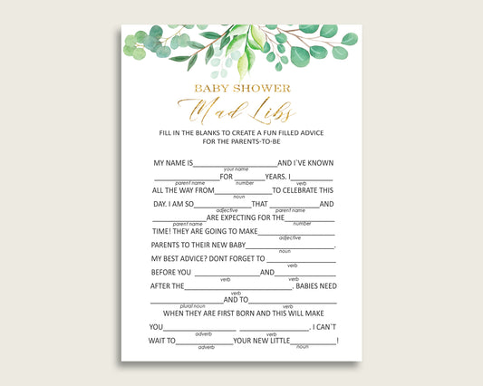 Green Gold Mad Libs Baby Shower Gender Neutral Game Printable, Greenery Mad Libs Fun Activity, DIY digital file, Most Popular Y8X33