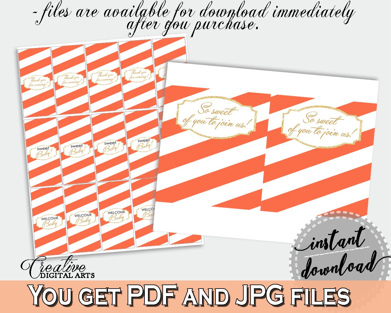 Baby shower HERSHEY decoration wrappers and labels printable with orange striped theme glitter text, instant download - bs003