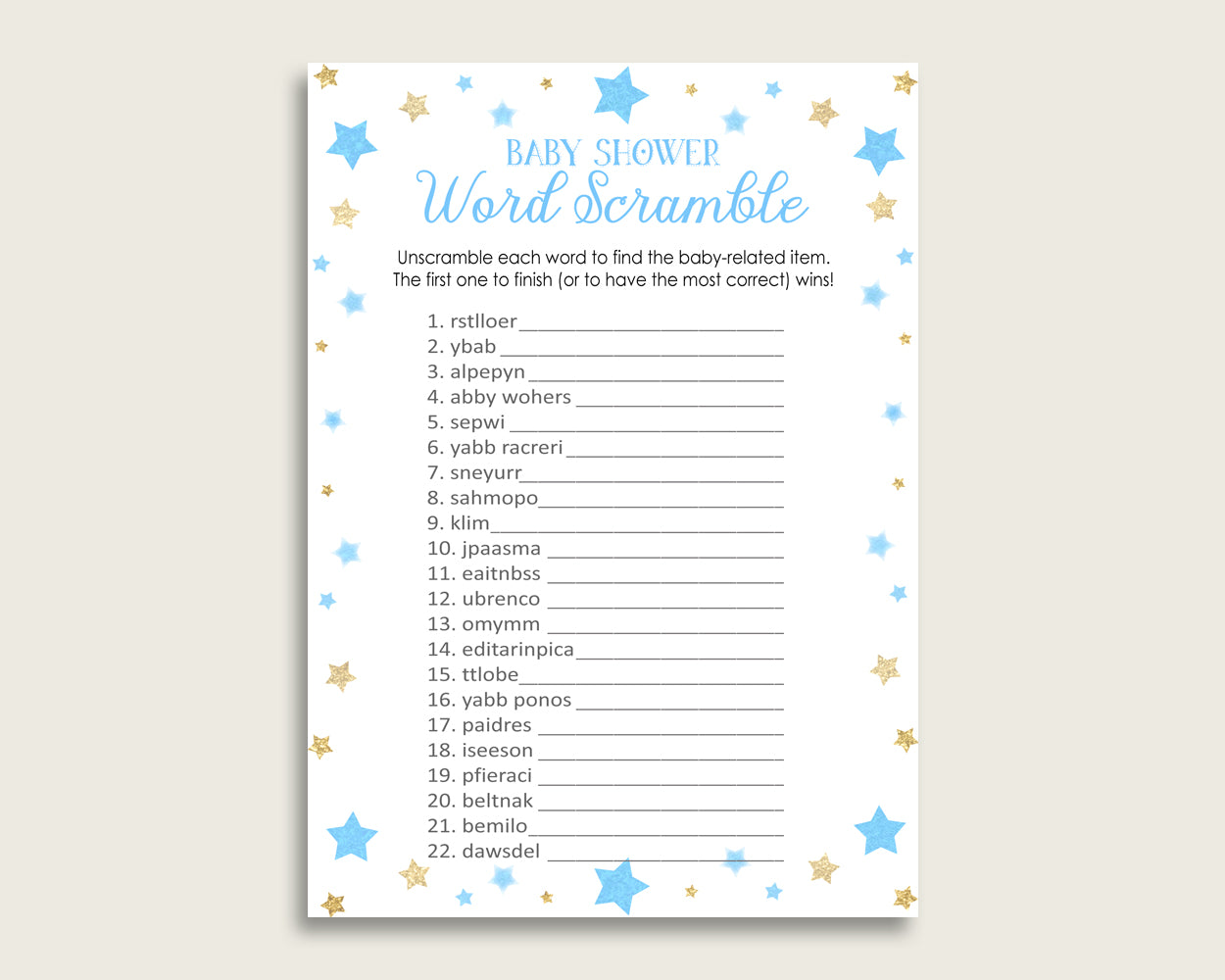 Boy Baby Shower Word Scramble Game Printable, Cute Stars Blue Gold Word Scramble, Funny Activity, Instant Download, Most Popular bsr01