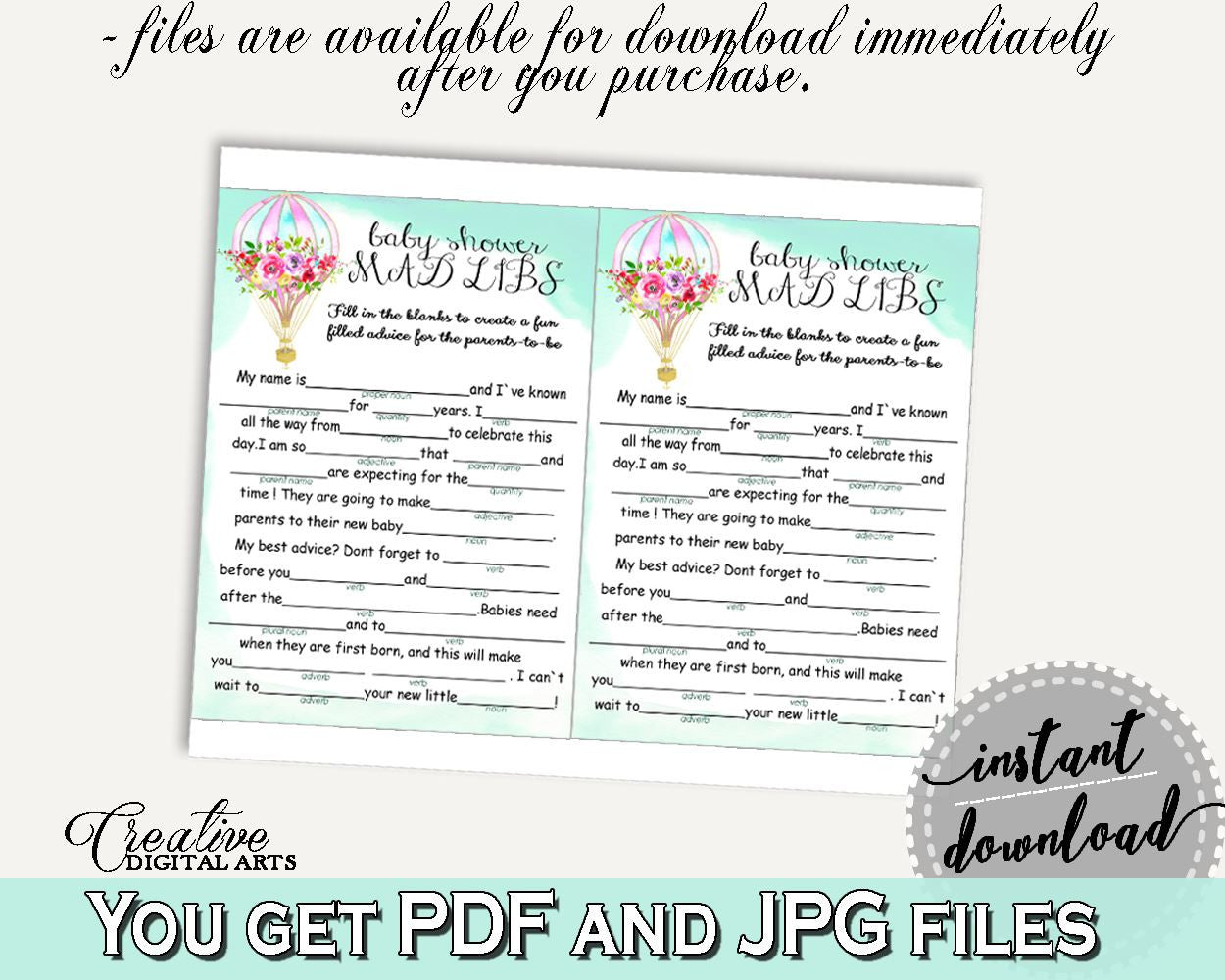 Mad Libs Baby Shower Mad Libs Hot Air Balloon Baby Shower Mad Libs Baby Shower Hot Air Balloon Mad Libs Green Pink CSXIS - Digital Product