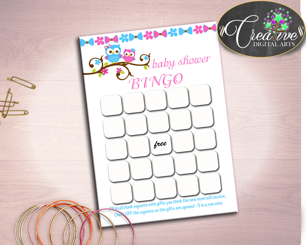 Empty Bingo Baby Shower Empty Bingo Owl Baby Shower Empty Bingo Baby Shower Owl Empty Bingo Pink Blue party planning party supplies owt01