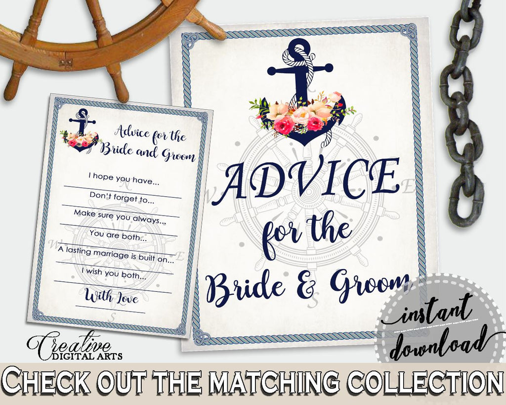 Nautical Anchor Flowers Bridal Shower Advice For The Bride And Groom in Navy Blue, wedding stationary, party stuff, party planning - 87BSZ - Digital Product