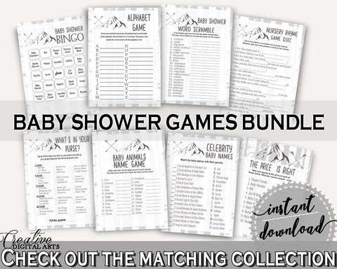 Games Baby Shower Games Adventure Mountain Baby Shower Games Gray White Baby Shower Adventure Mountain Games party ideas, prints - S67CJ - Digital Product