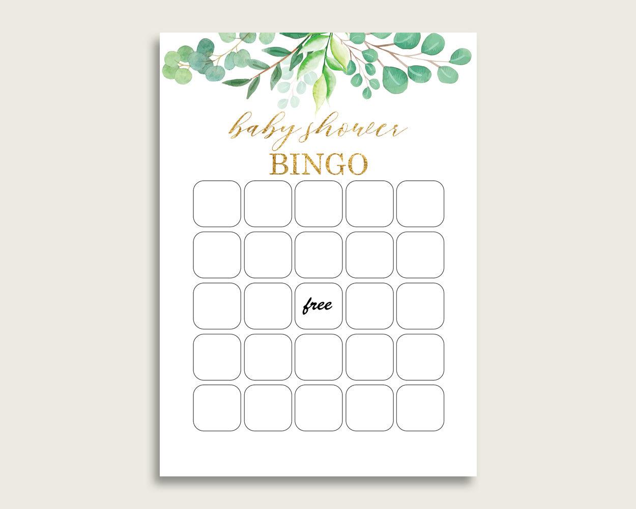 Green Gold Baby Shower Bingo Blank Game Printable, Greenery Baby Shower Gender Neutral Bingo Blank Cards, Bingo Gift Opening Game, Y8X33