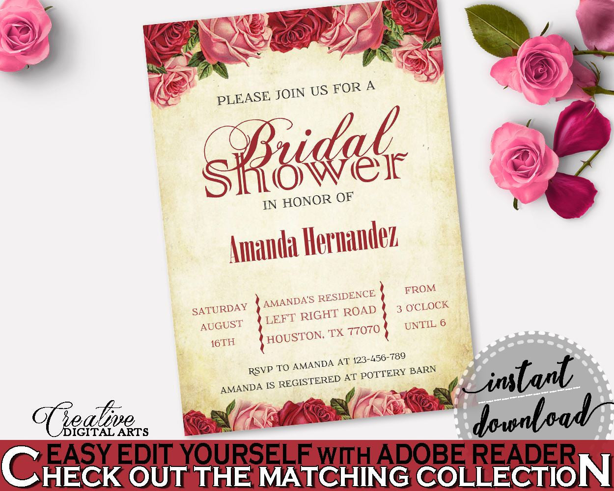 Invitation Bridal Shower Invitation Vintage Bridal Shower Invitation Bridal Shower Vintage Invitation Red Pink party supplies XBJK2 - Digital Product