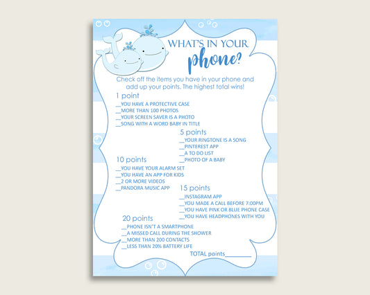 Blue White What's In Your Phone Game, Whale Baby Shower Boy, What's In Your Cell Phone Printable, Instant Download, Watercolor Stripes wbl01